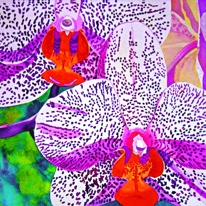Beautiful watercolor painting close up of a white and purple dotted iris with red center.
