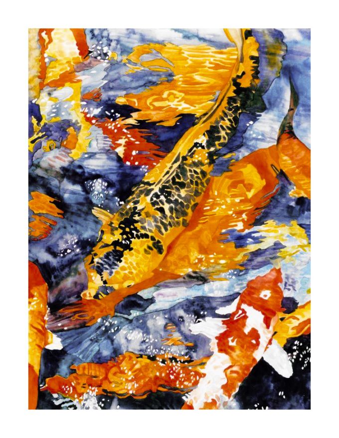 Rush Hour by Coco Angel. Watercolor of koi swimming close together in pond.