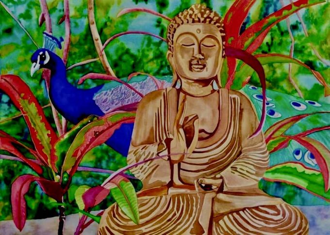 Peaceful Buddha statue sitting in a colorful jungle while a peacock walks by. behind him.